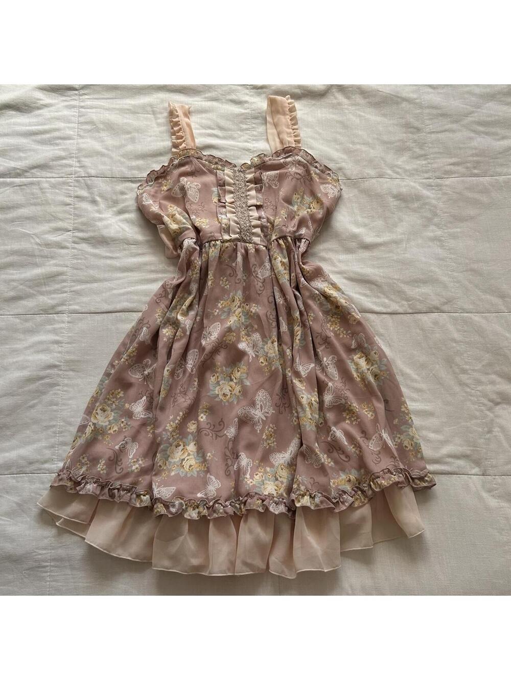Axes Femme Mauve Pink Rose Butterfly Print Lace Ruffle Jumper Dress M Japan